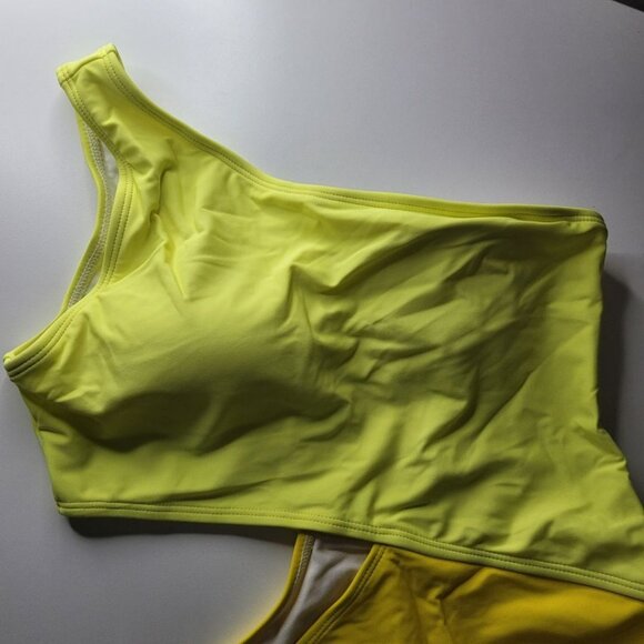 Yellow One Shoulder Swimsuit Block Colors Cutout Side‎ Womens Large Neon Bright - Picture 9 of 13